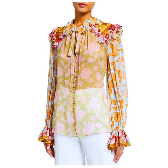 Zimmermann The Lovestruck Ruffle Silk Shirt Floral Roses Sheer blouse size 1 - Picture 1 of 12